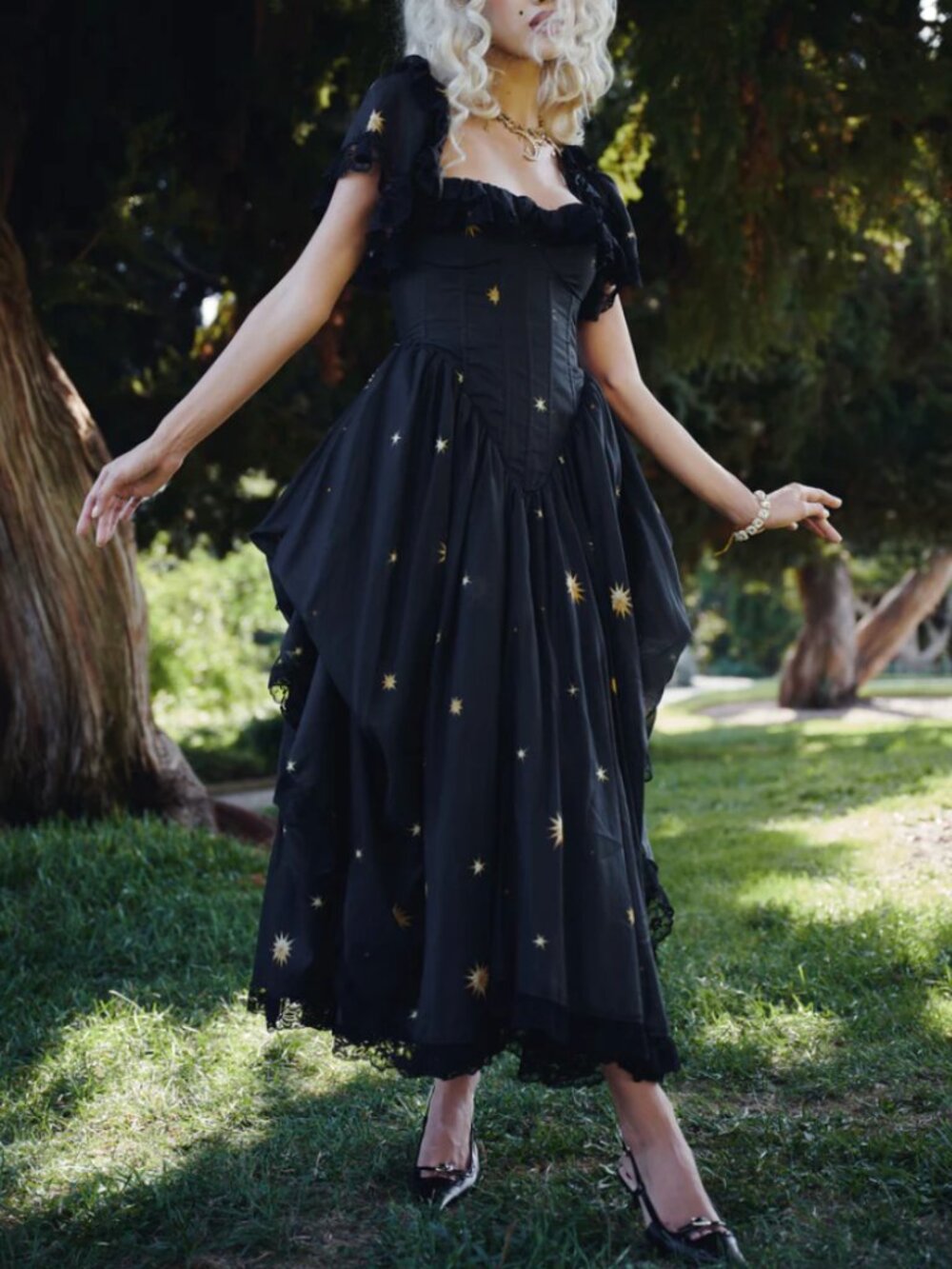 Selkie Saint Cupid Midi Dress Black Gold Star Small - Picture 2 of 12